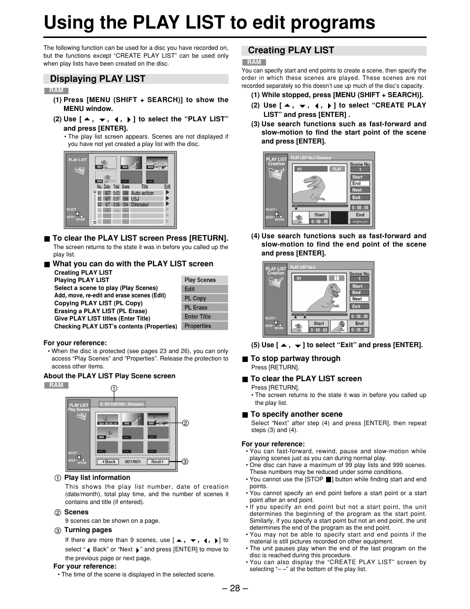 Using the play list to edit programs, Displaying play list, Creating play list | Displaying play list • creating play list | Panasonic LQ-MD800P User Manual | Page 28 / 44