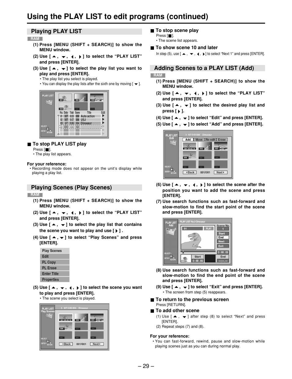 Playing play list, Playing scenes (play scenes), Adding scenes to a play list (add) | Using the play list to edit programs (continued) | Panasonic LQ-MD800P User Manual | Page 29 / 44