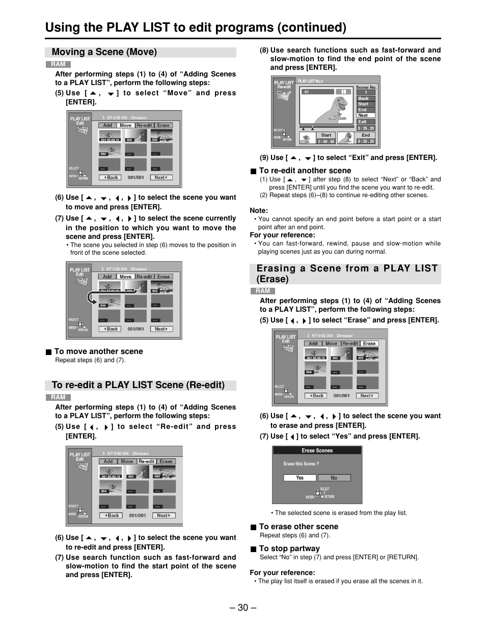 Moving a scene (move), To re-edit a play list scene (re-edit), Erasing a scene from a play list (erase) | Using the play list to edit programs (continued) | Panasonic LQ-MD800P User Manual | Page 30 / 44