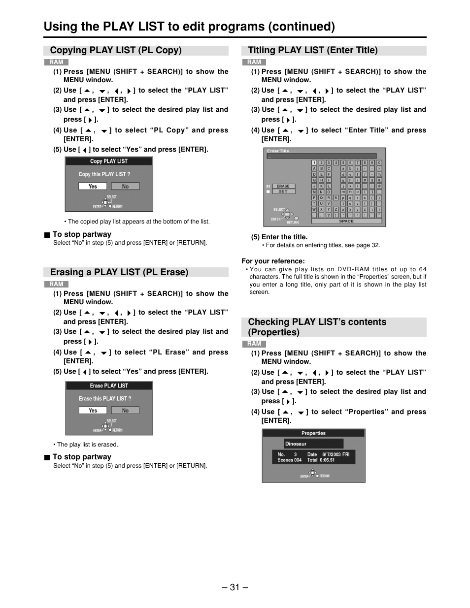 Copying play list (pl copy), Erasing a play list (pl erase), Titling play list (enter title) | Checking play list’s contents (properties), Using the play list to edit programs (continued) | Panasonic LQ-MD800P User Manual | Page 31 / 44