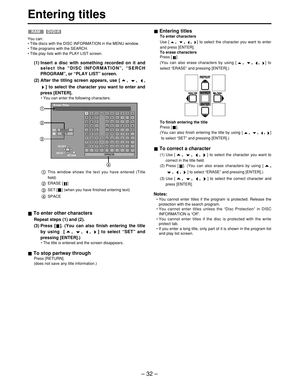 Entering titles | Panasonic LQ-MD800P User Manual | Page 32 / 44