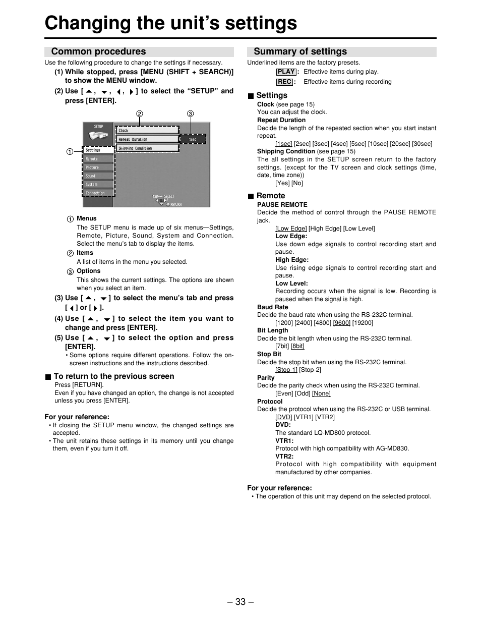 Changing the unit’s settings, Common procedures, Summary of settings | Common procedures • summary of settings | Panasonic LQ-MD800P User Manual | Page 33 / 44