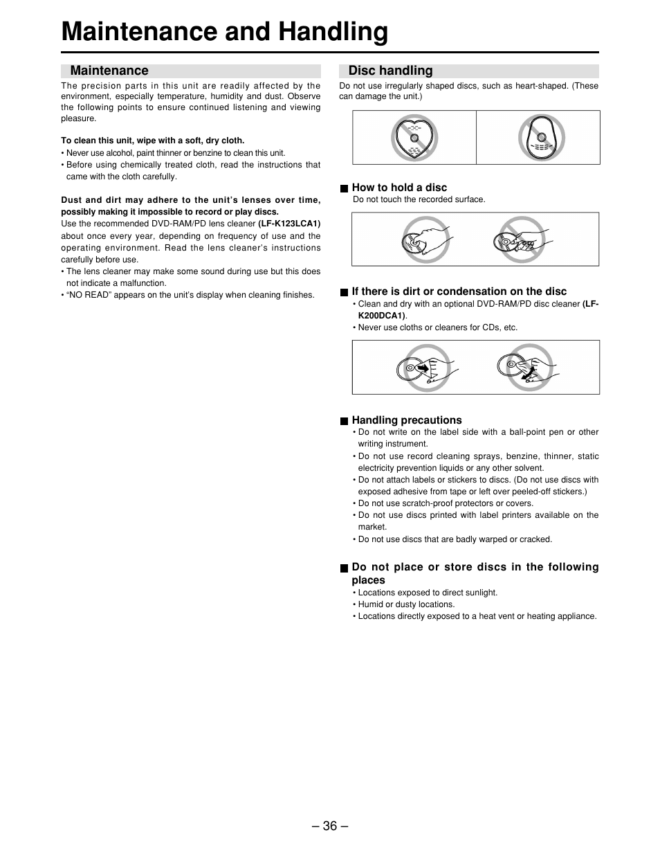 Maintenance and handling, Maintenance, Disc handling | Maintenance • disc handling | Panasonic LQ-MD800P User Manual | Page 36 / 44