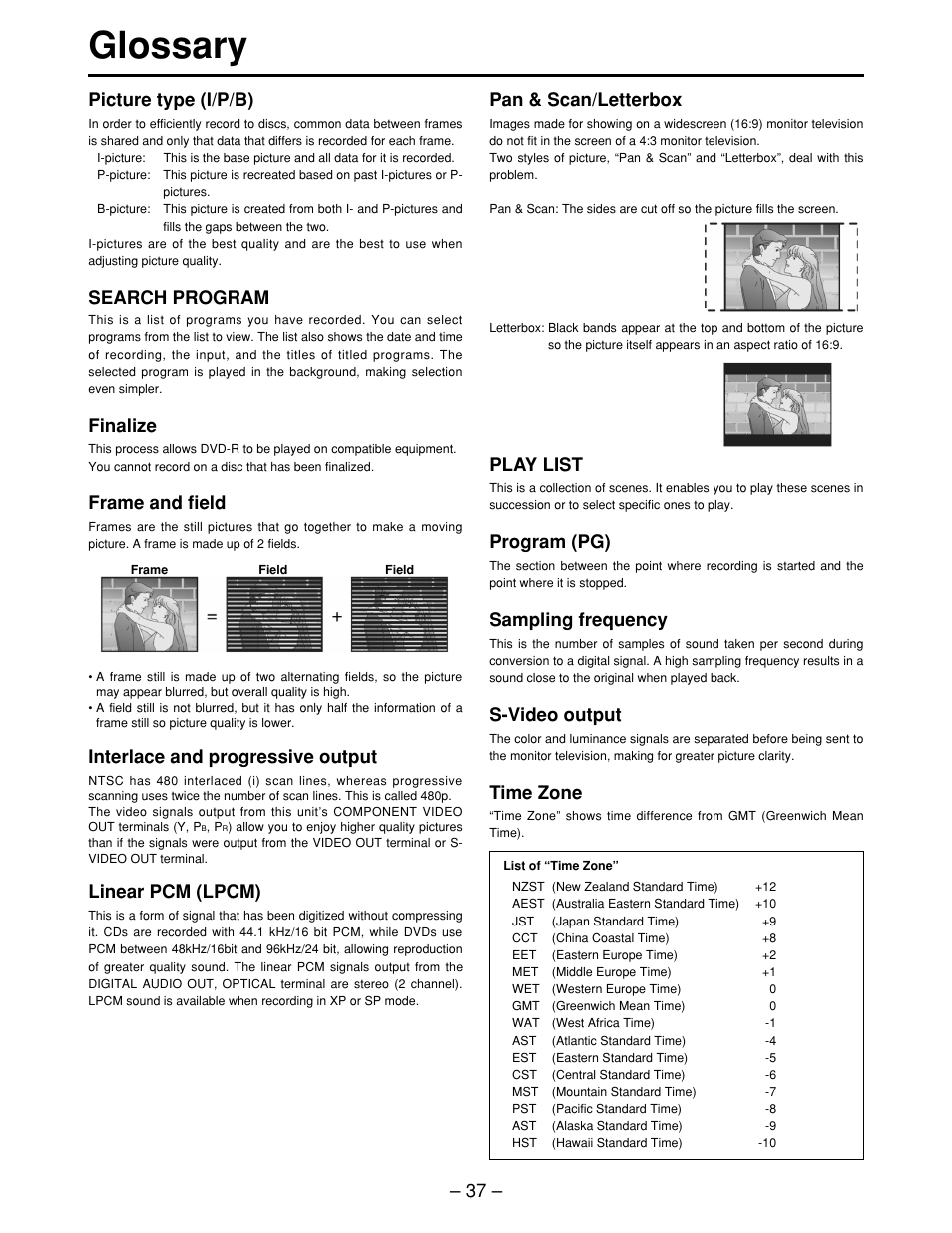 Glossary, Picture type (i/p/b), Search program | Finalize, Frame and field, Pan & scan/letterbox, Play list, Program (pg), Sampling frequency, S-video output | Panasonic LQ-MD800P User Manual | Page 37 / 44