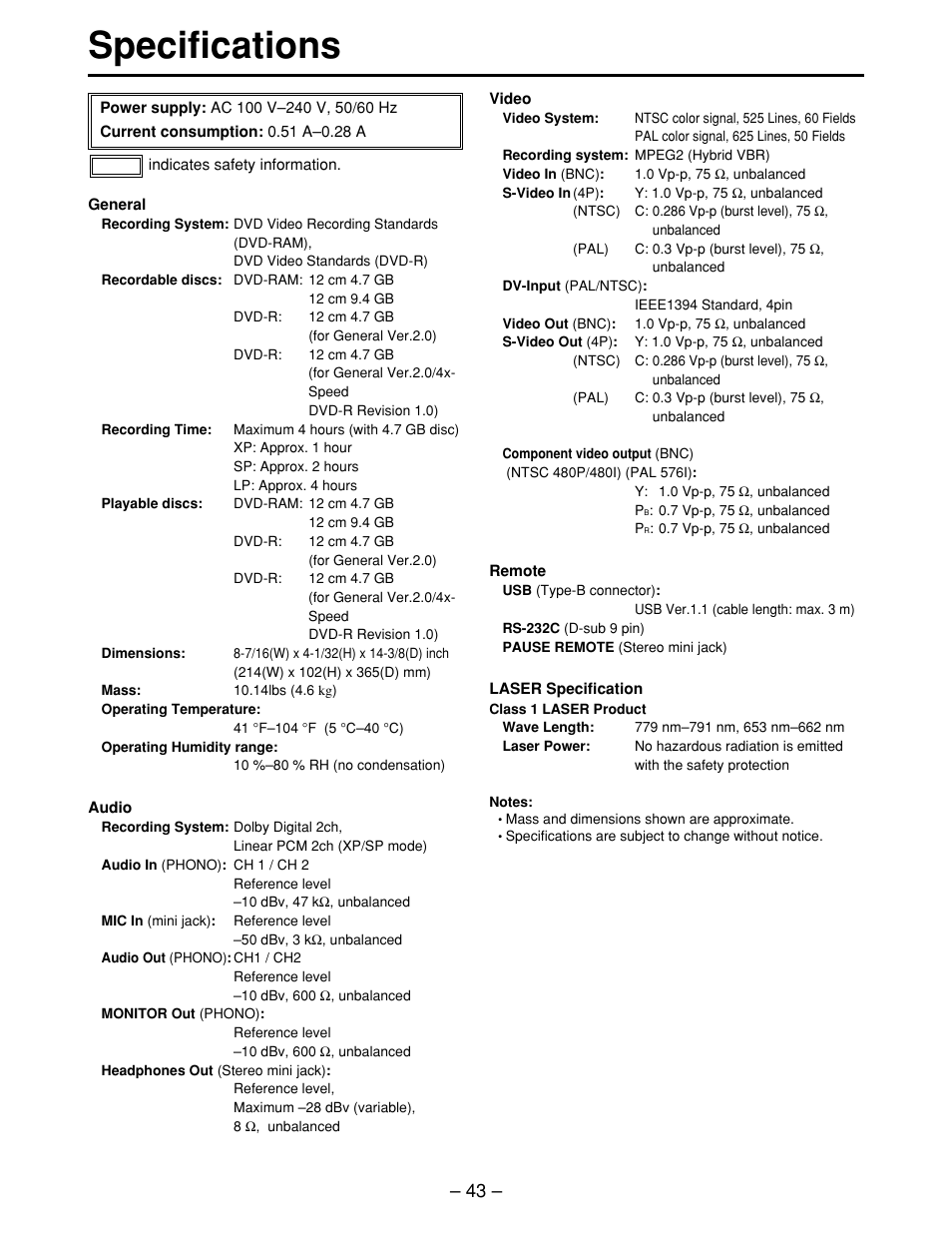 Specifications | Panasonic LQ-MD800P User Manual | Page 43 / 44