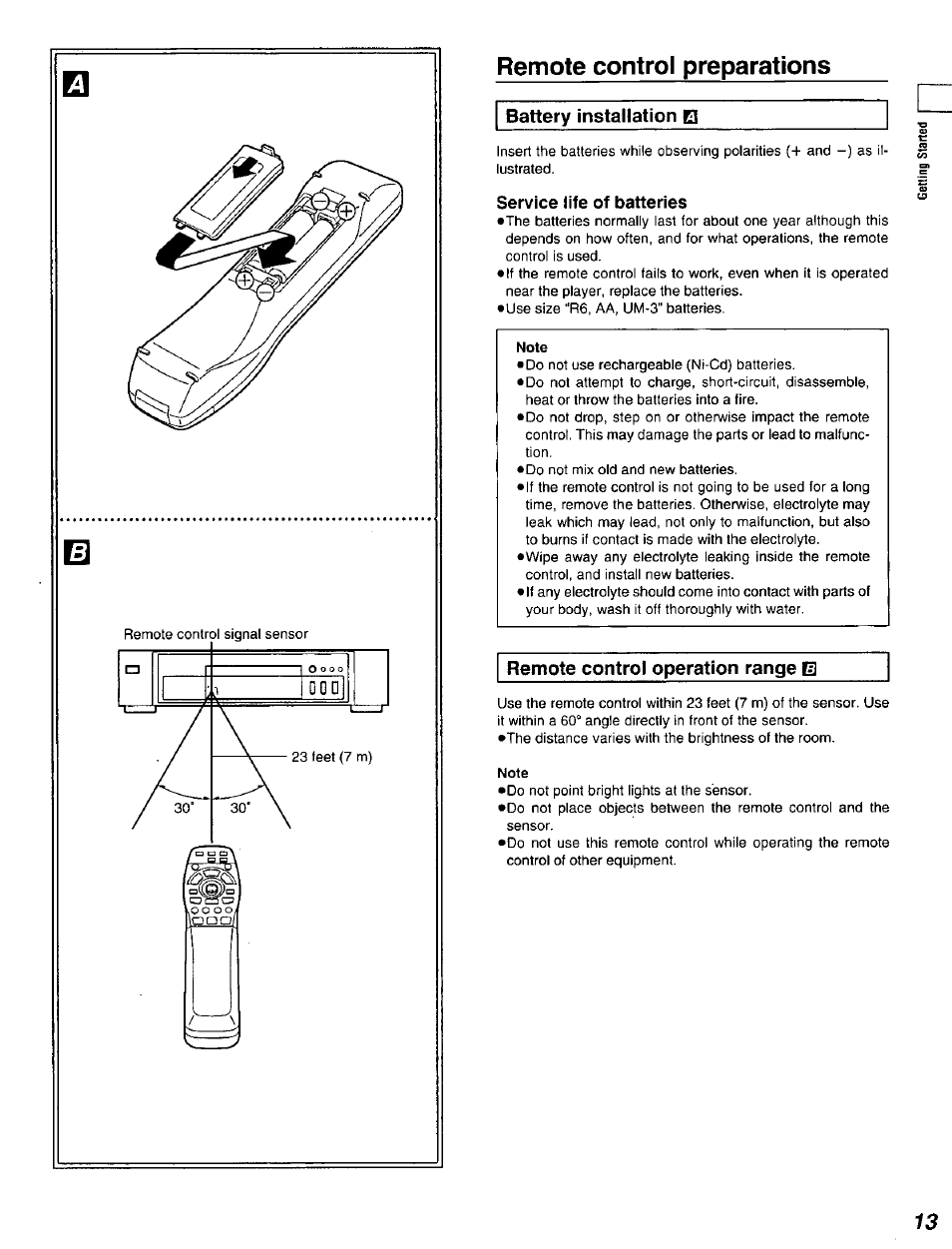 Remote control preparations, Service life of batteries, Note | Panasonic DVD-A320U User Manual | Page 13 / 48