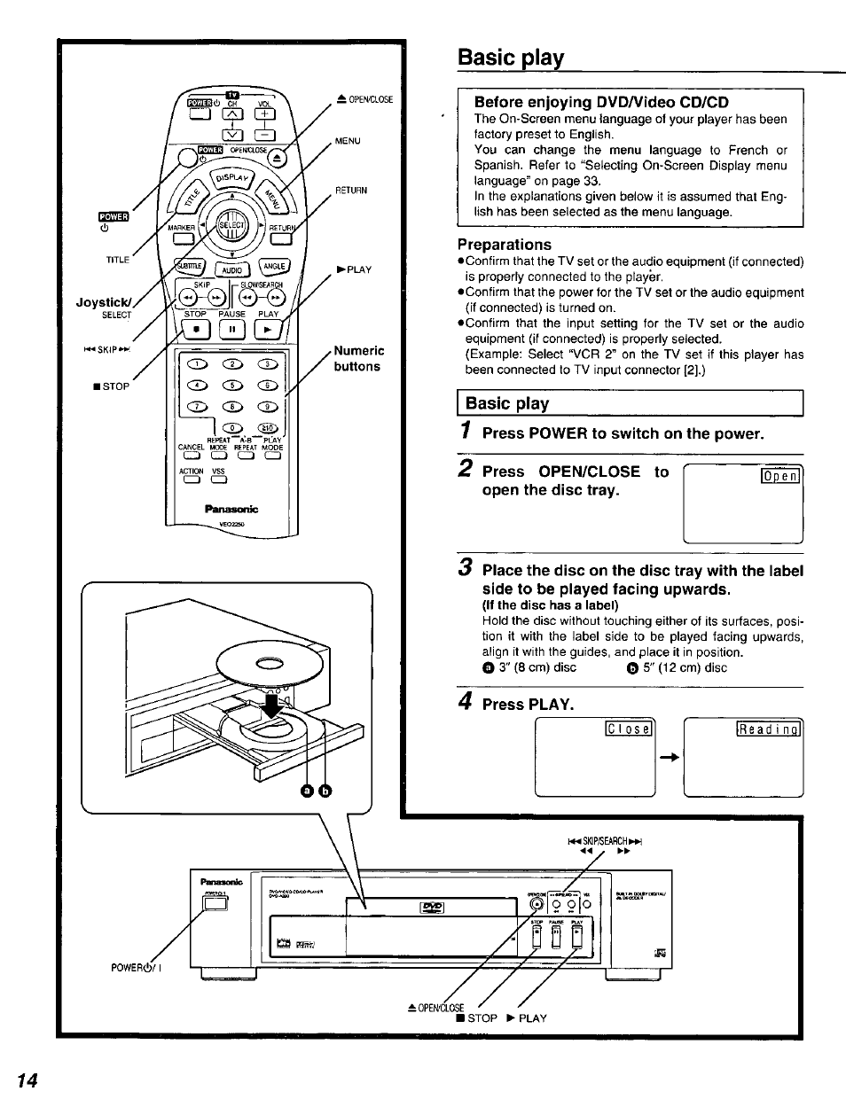 Basic play, Before enjoying ovda/ideo cd/cd, Preparations | 1 press power to switch on the power | Panasonic DVD-A320U User Manual | Page 14 / 48
