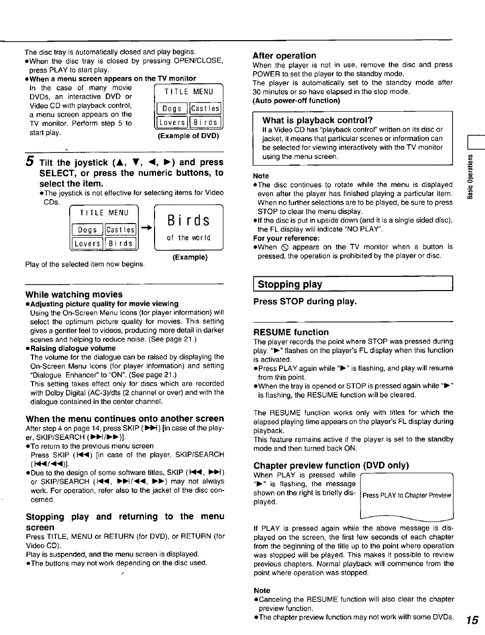 While watching movies, When the menu continues onto another screen, Stopping play and returning to the menu screen | After operation, Note, Press stop during play, Resume function, Chapter preview function (dvd only), A, t | Panasonic DVD-A320U User Manual | Page 15 / 48