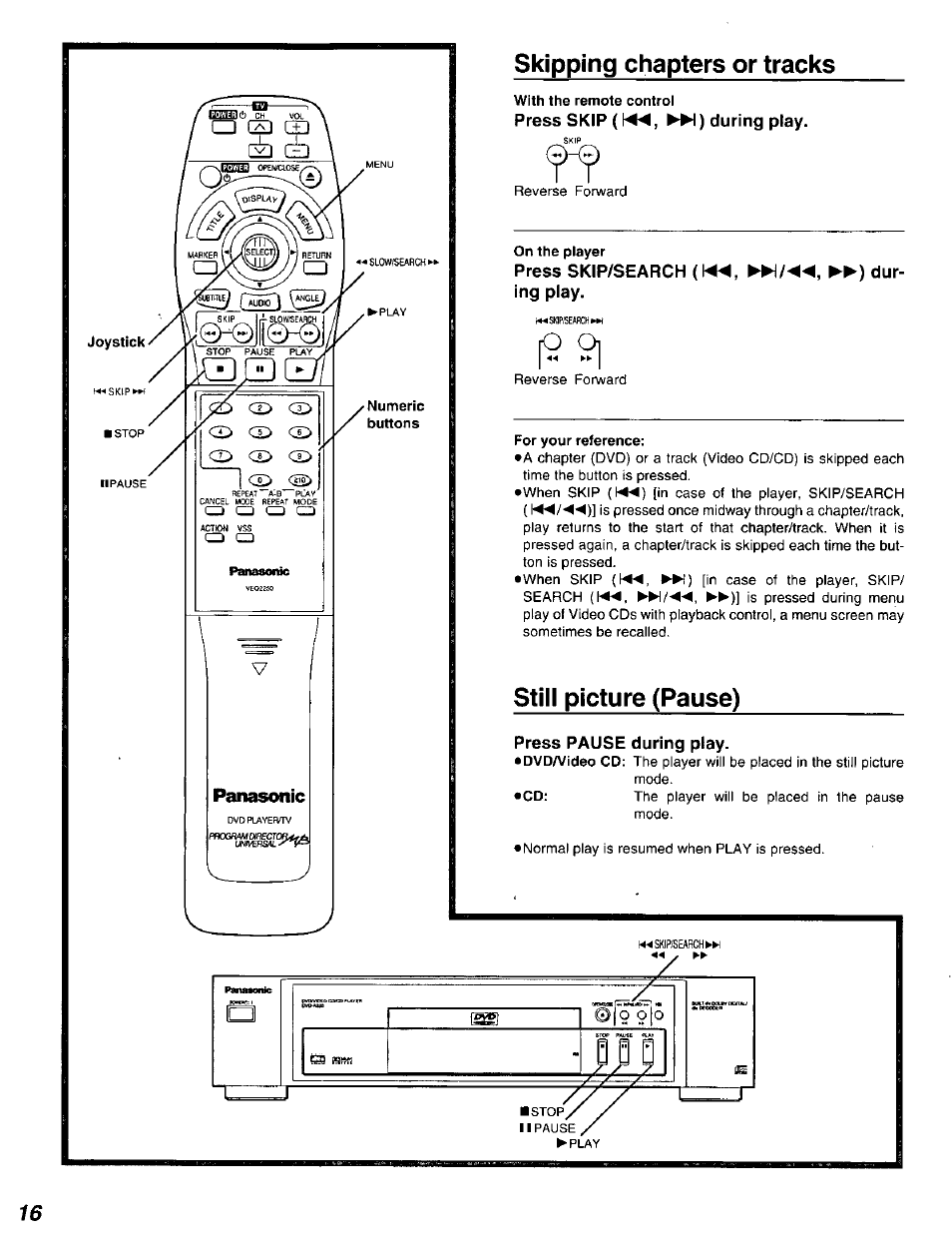 Skipping chapters or tracks, With the remote control, Press skip ([◄◄, ►>!) during play | On the player, Press skip/search (!◄◄, ►>!/◄◄, ►►) during play, For your reference, Still picture (pause), Press pause during play | Panasonic DVD-A320U User Manual | Page 16 / 48