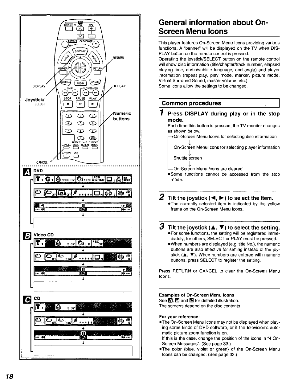 71 dvd, 13 video cd, General information about on- screen menu icons | 1 press display during play or in the stop mode, 2 tilt the joystick (◄, ►) to select the item, O tilt the joystick (a, t) to select the setting, Examples of on-screen menu icons, For your reference, General information about on-screen menu, Icons | Panasonic DVD-A320U User Manual | Page 18 / 48