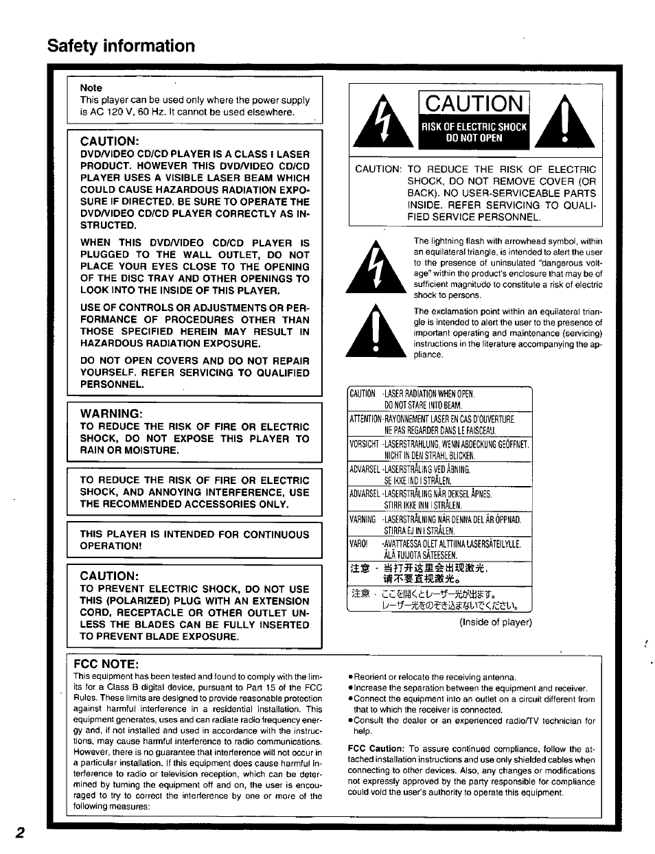 Safety information, Note, Caution | Warning, This player is intended for continuous operation, Risk of electric shock do not open, Fcc note | Panasonic DVD-A320U User Manual | Page 2 / 48