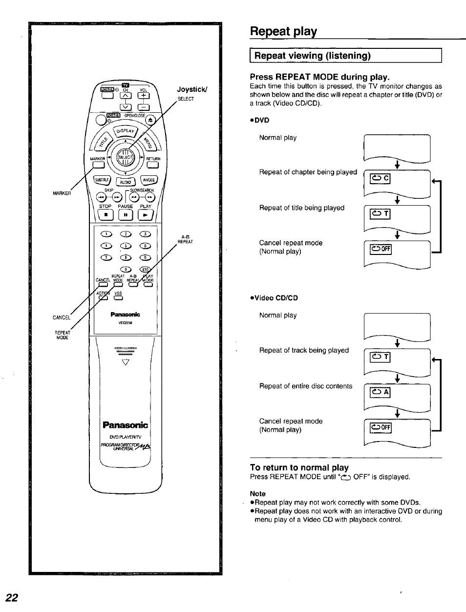 Repeat play, Press repeat mode during play, To return to normal play | Panasonic DVD-A320U User Manual | Page 22 / 48
