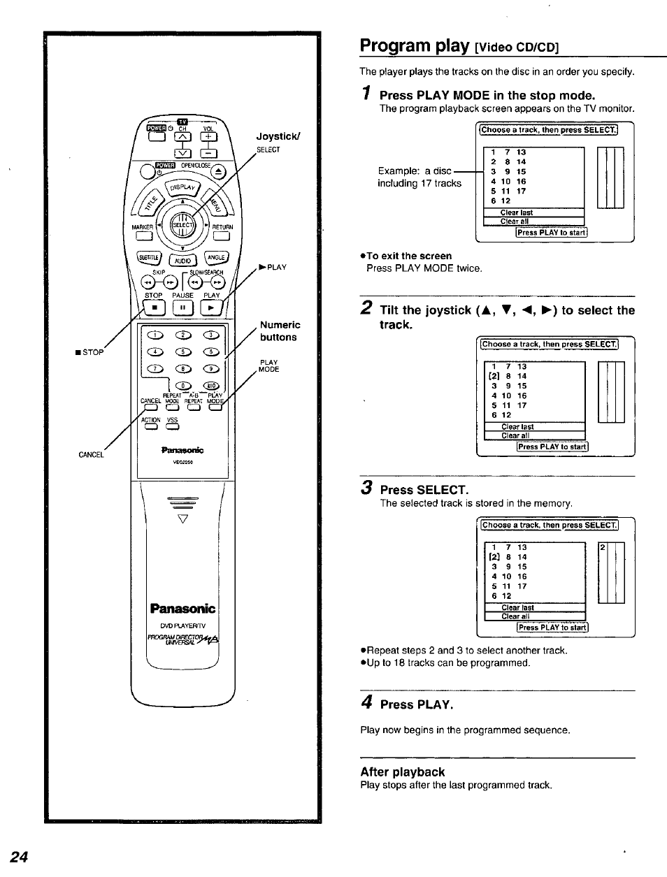 1 press play mode in the stop mode, To exit the screen, 3 press select | 4 press play, After playback, Program play | Panasonic DVD-A320U User Manual | Page 24 / 48