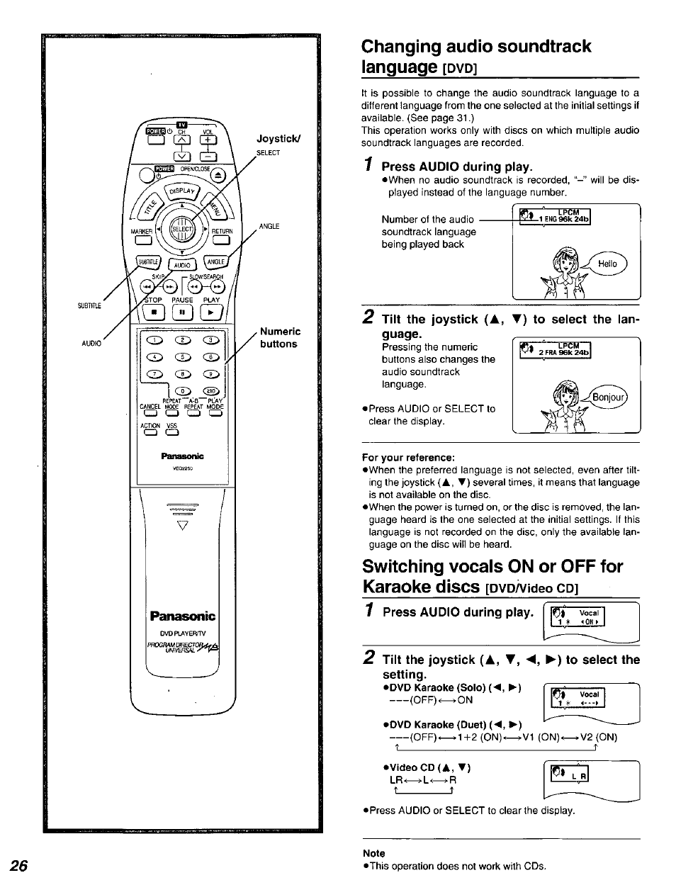 Changing audio soundtrack ianguage [dvd, 7 press audio during play, 2 tilt the joystick (a, t) to select the language | For your reference, 2 tilt the joystick (a, ▼, '4, to select the, Setting, Dvd karaoke (duet) (◄, ►), Video cd (a, ▼), Note, Changing audio soundtrack ianguage | Panasonic DVD-A320U User Manual | Page 26 / 48
