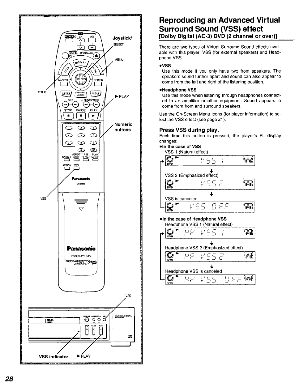 Dolby digital (ac-3) dvd (2 channel or over), Press vss during play | Panasonic DVD-A320U User Manual | Page 28 / 48