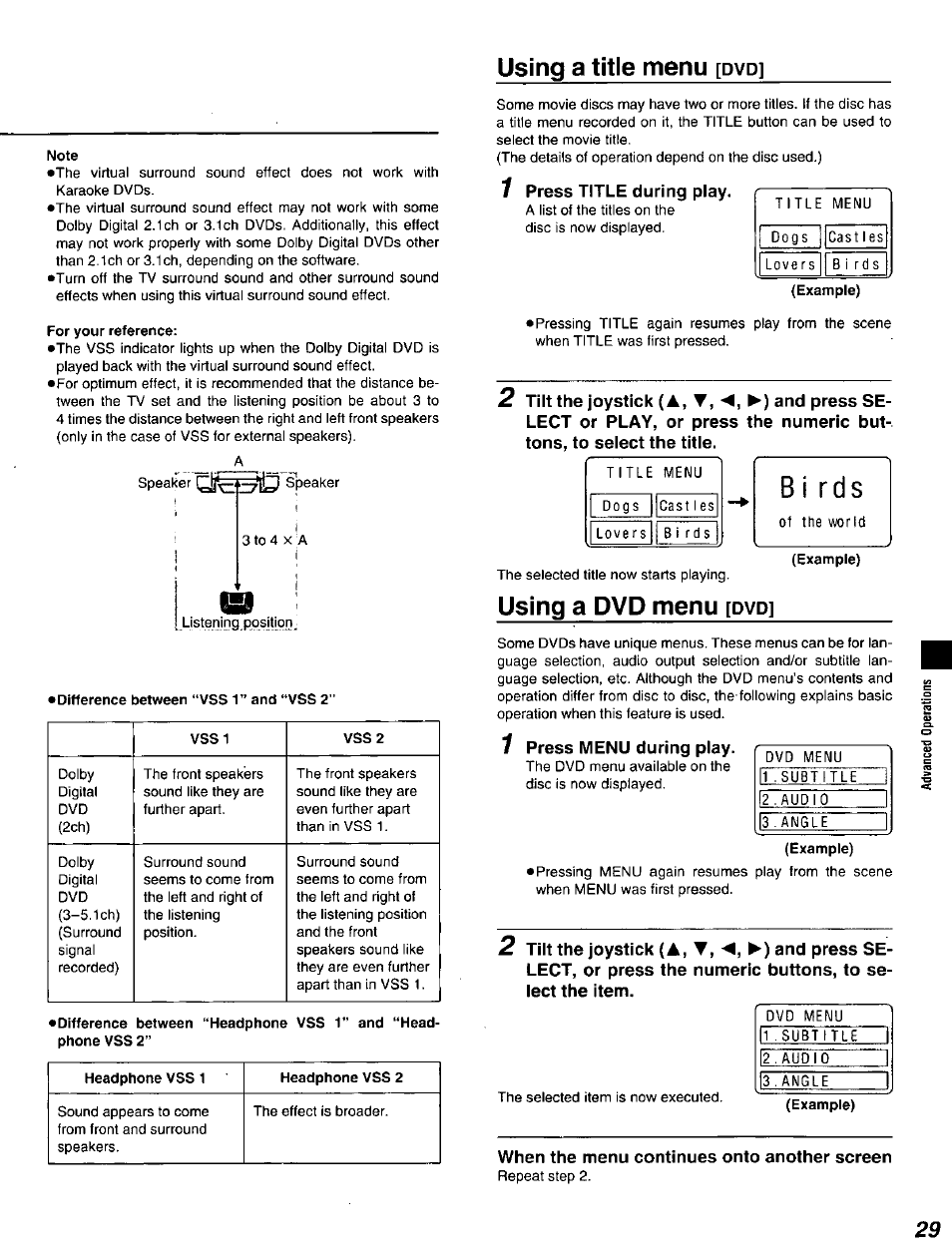 Note, For your reference, Difference between “headphone vss 1’ phone vss 2 | 1 press title during play, Example), 1 press menu during play, When the menu continues onto another screen, Using a title menu, Using a dvd menu, A, t | Panasonic DVD-A320U User Manual | Page 29 / 48