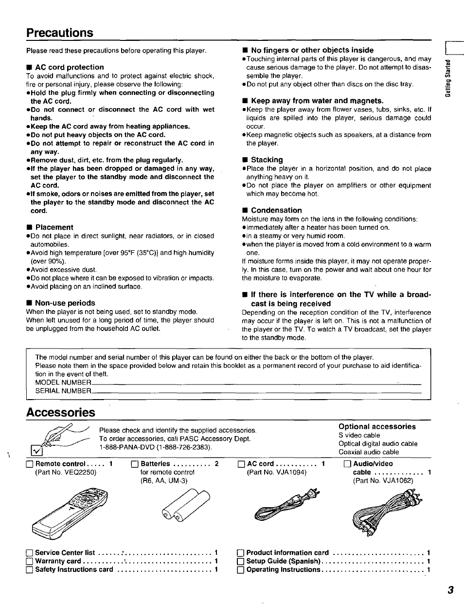 Precautions, Ac cord protection, Placement | Non-use periods, No fingers or other objects inside, Keep away from water and magnets, Stacking, Condensation, Accessories | Panasonic DVD-A320U User Manual | Page 3 / 48