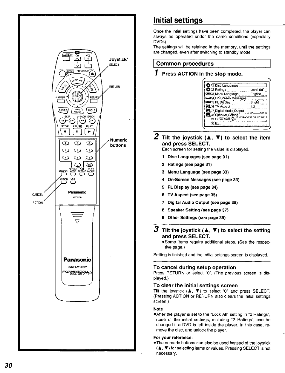 Initial settings, 1 press action in the stop mode, To cancel during setup operation | To clear the initial settings screen | Panasonic DVD-A320U User Manual | Page 30 / 48