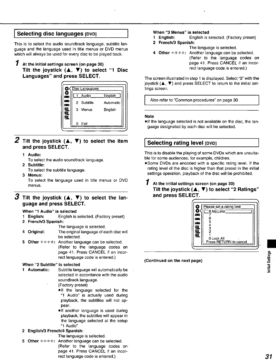 1 audio, 2 subtitle, 3 menus | When “1 audio” is selected, 2 french/3 spanish, When “2 subtitle” is selected, 2 english/3 french/4 spanish, When "3 menus” is selected, Note | Panasonic DVD-A320U User Manual | Page 31 / 48