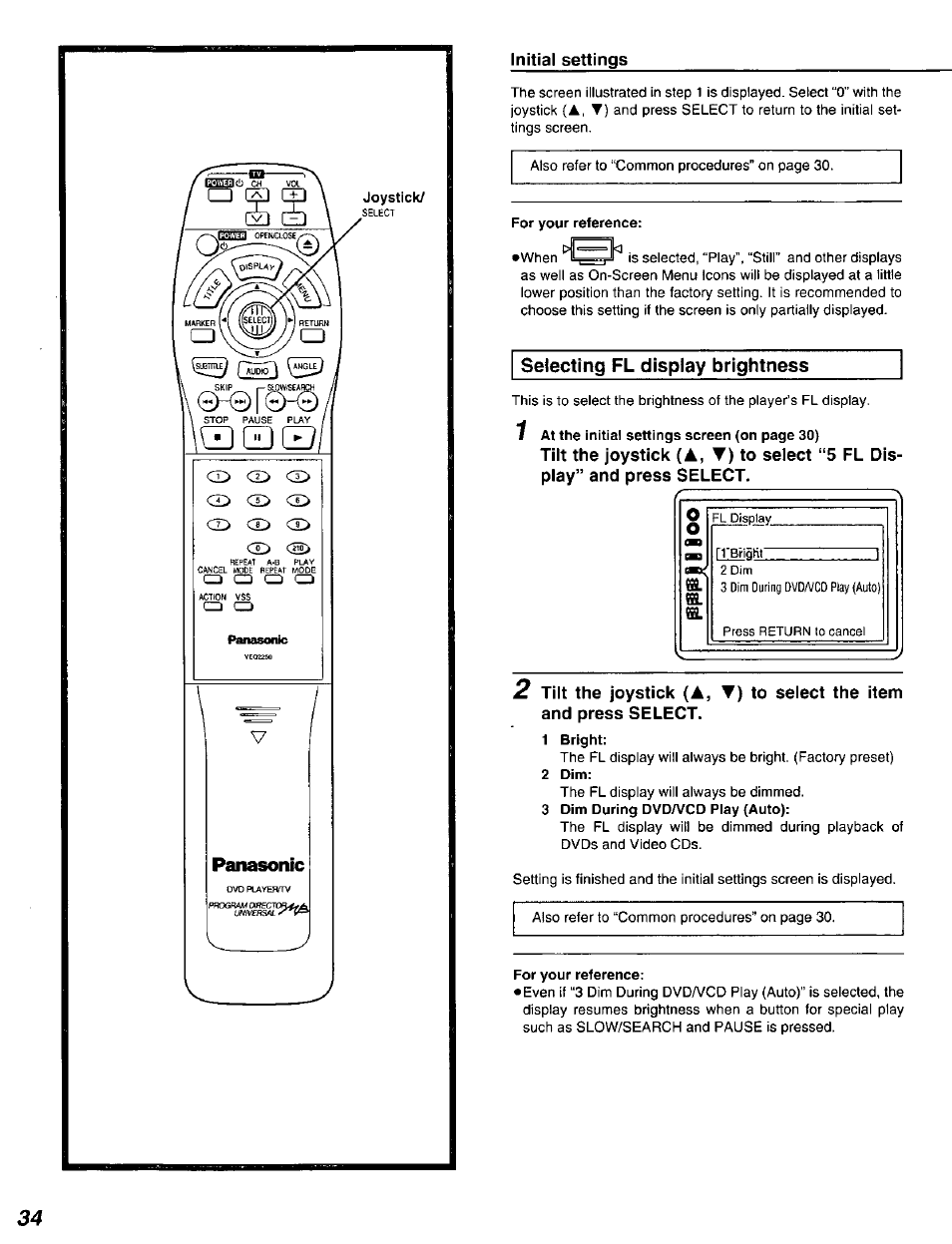 For your reference, 1 bright, 2 dim | 3 dim during dvd/vcd piay (auto) | Panasonic DVD-A320U User Manual | Page 34 / 48