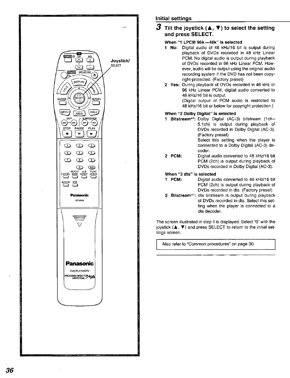 When “1 lpcm 96k^48k” is selected, When “3 dts” is selected | Panasonic DVD-A320U User Manual | Page 36 / 48