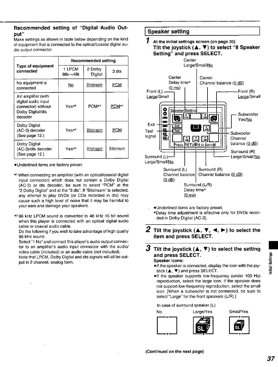 Recommended setting of “digital audio output, To select the, I|ii|i[al | A, t | Panasonic DVD-A320U User Manual | Page 37 / 48