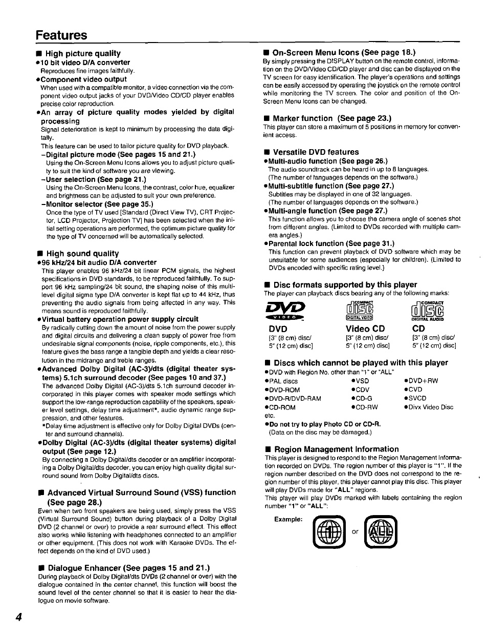 Features, High sound quality, Disc formats supported by this player | Dvd video cd cd, Discs which cannot be played with this player, Region management information, Io§(s | Panasonic DVD-A320U User Manual | Page 4 / 48