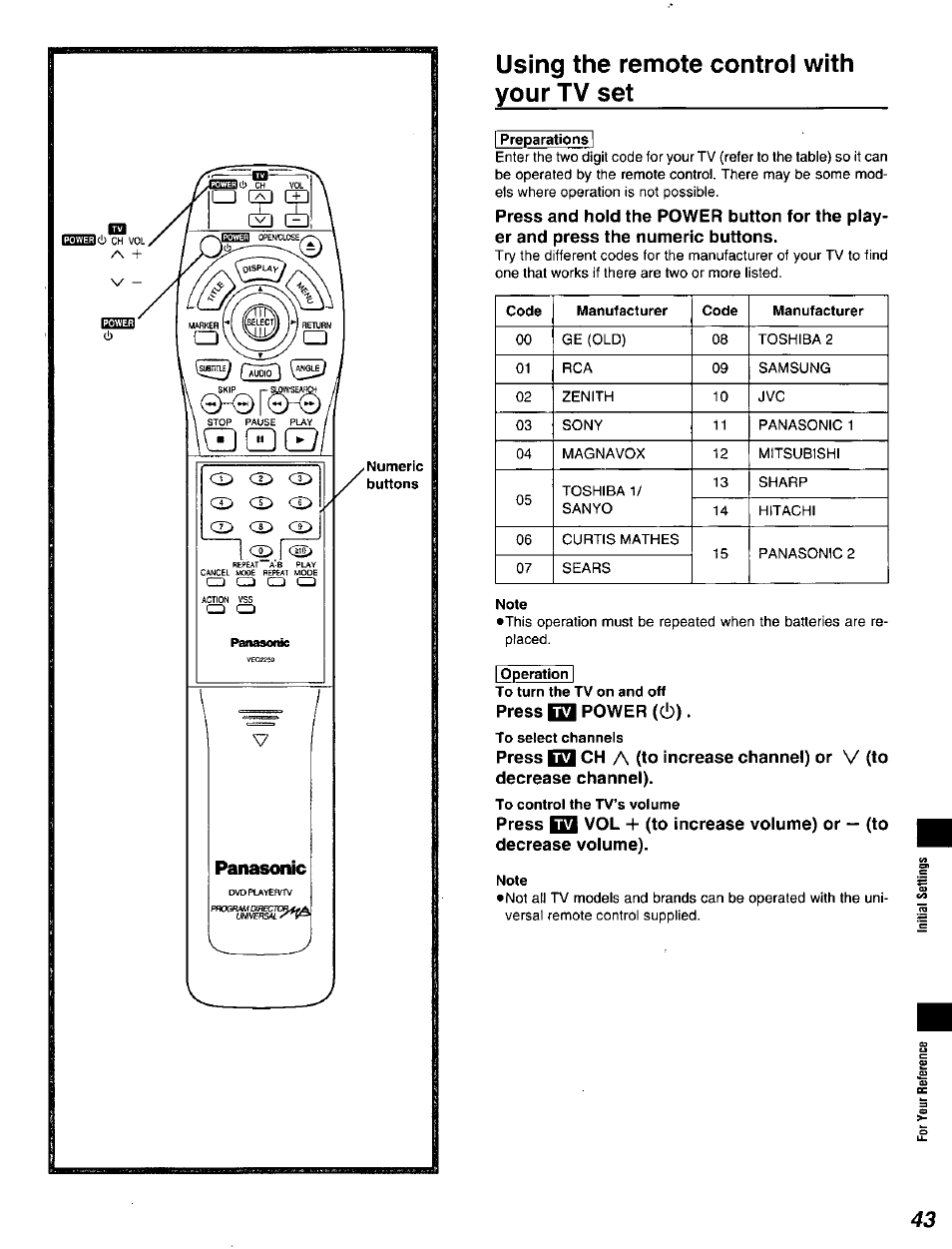 Using the remote control with your tv set, I preparations, Note | I operation, Press fst power (6), To select channels, To control the tv’s volume, Note b | Panasonic DVD-A320U User Manual | Page 43 / 48