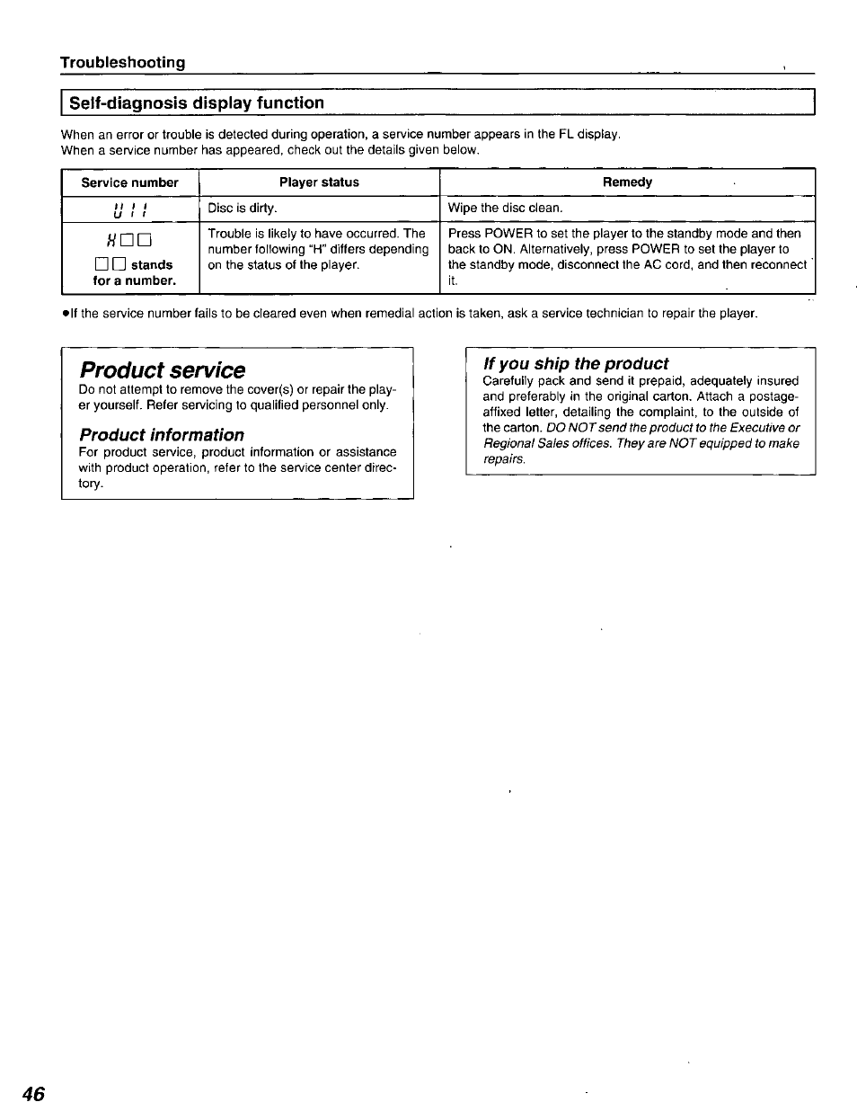 Troubleshooting, Product information, If you ship the product | Product service | Panasonic DVD-A320U User Manual | Page 46 / 48