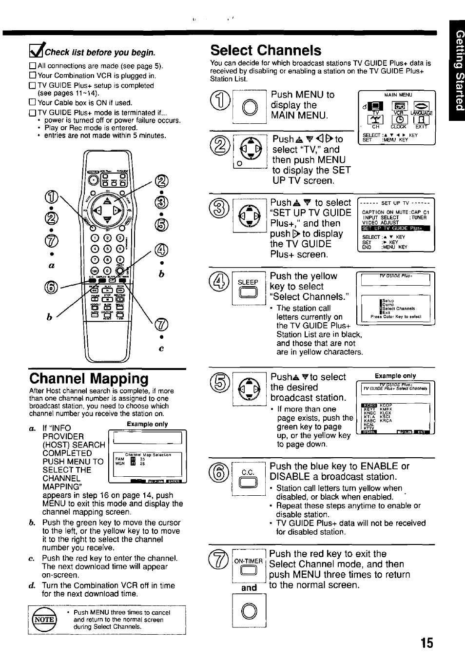 Check list before you begin, Select channels | Panasonic OMNIVISION PV-M2057 User Manual | Page 15 / 48