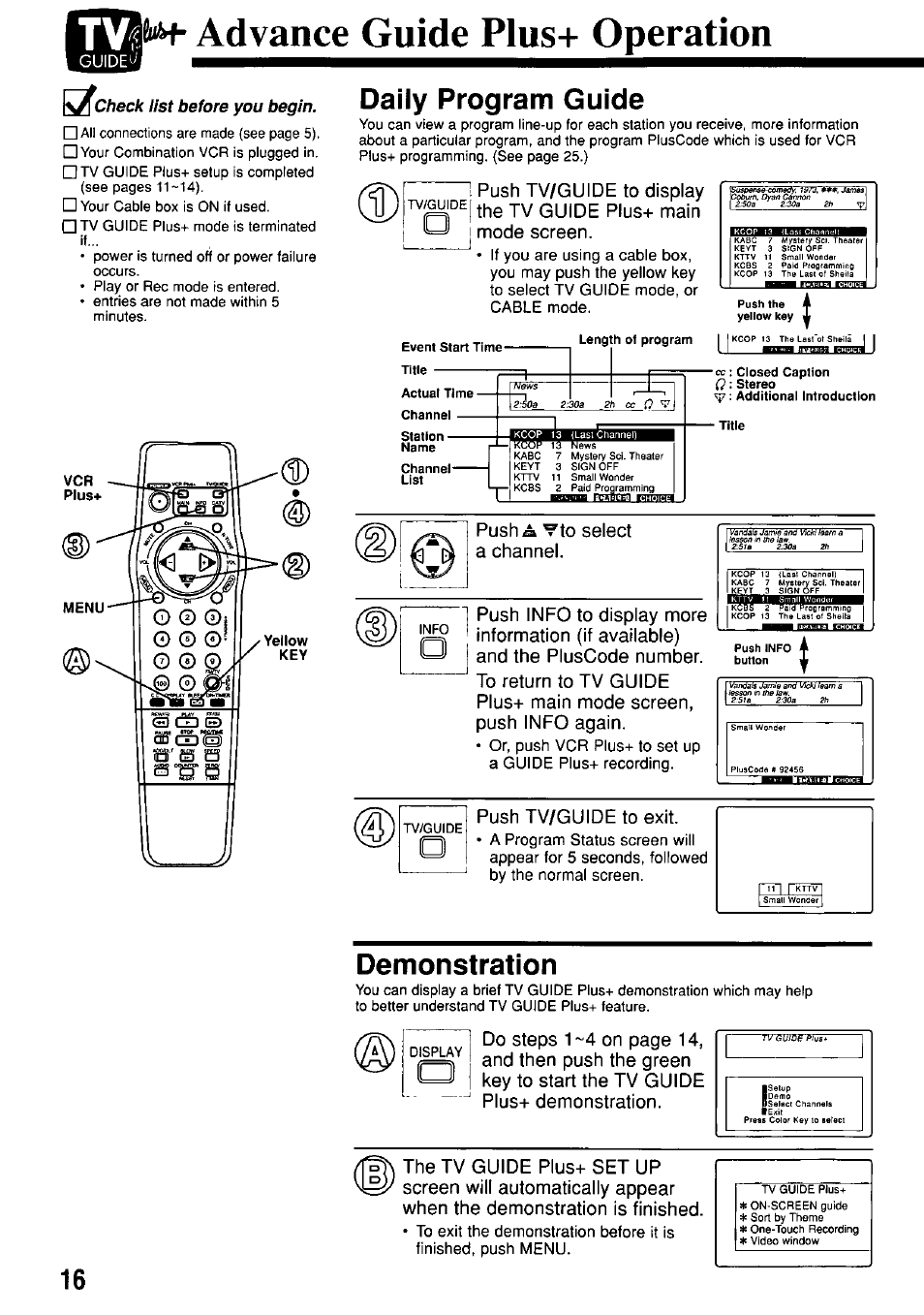 Xcheck list before you begin, Daily program guide, Demonstration | И- advance guide plus+ operation, Rgawe.1 | Panasonic OMNIVISION PV-M2057 User Manual | Page 16 / 48