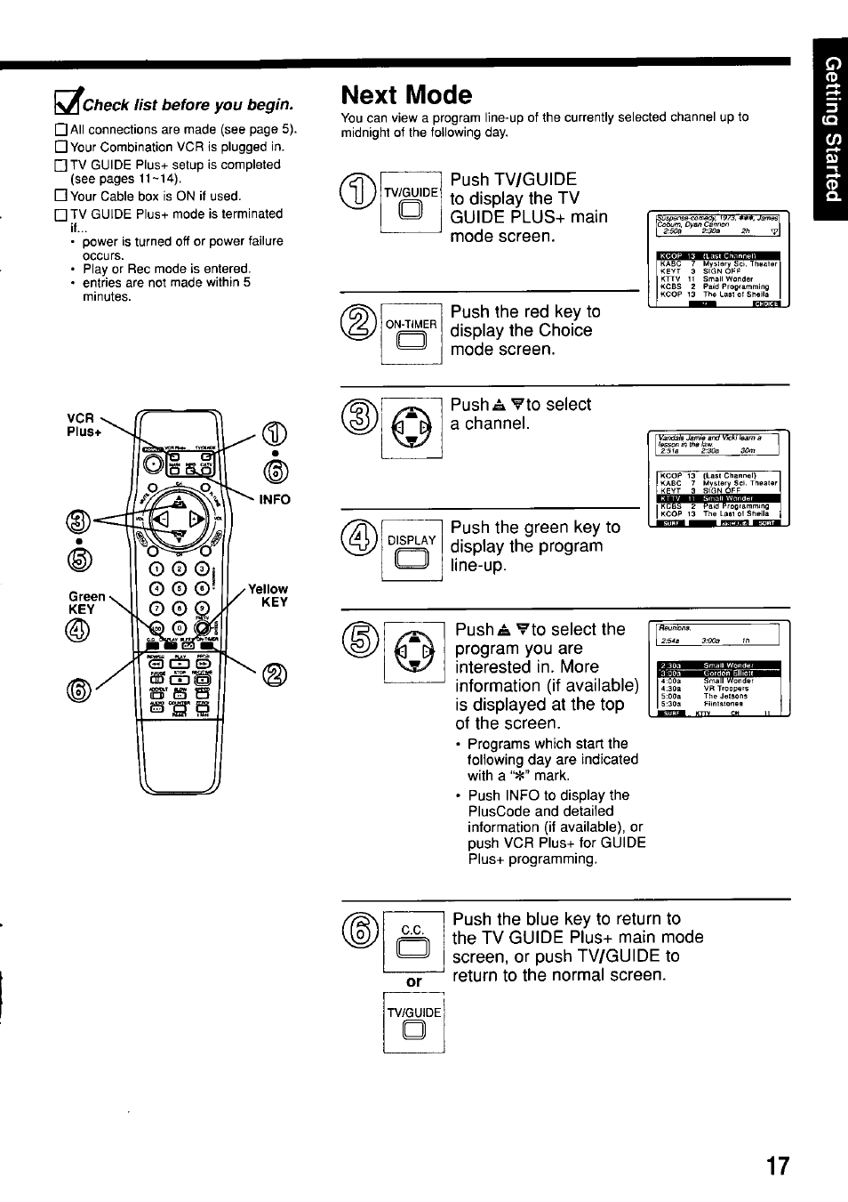 Next mode, Acheck list before you begin | Panasonic OMNIVISION PV-M2057 User Manual | Page 17 / 48