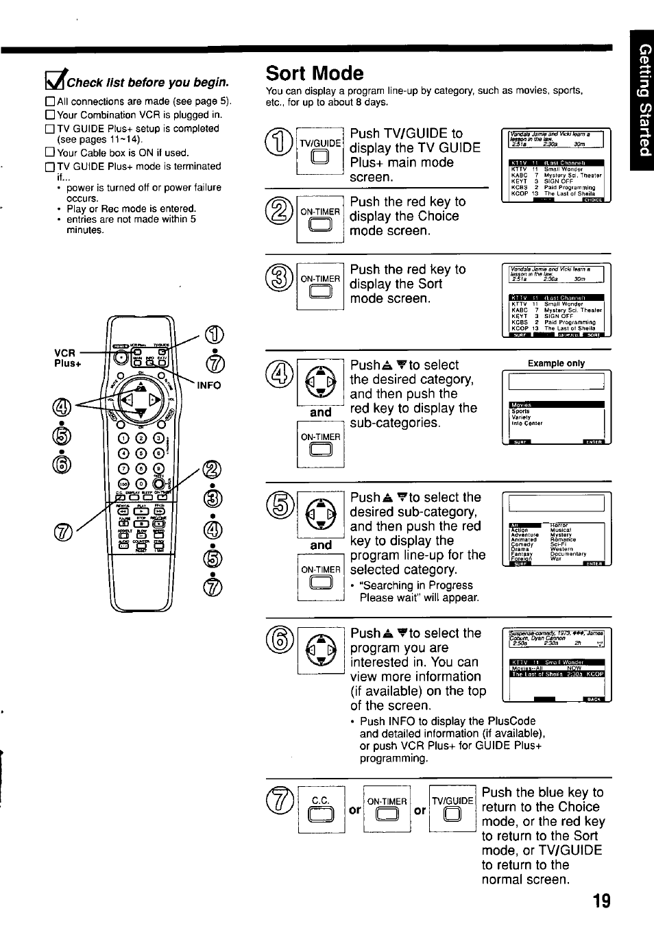 Sort mode, Acheck list before you begin, Tiscaha | Searching in progress please wait” will appear | Panasonic OMNIVISION PV-M2057 User Manual | Page 19 / 48