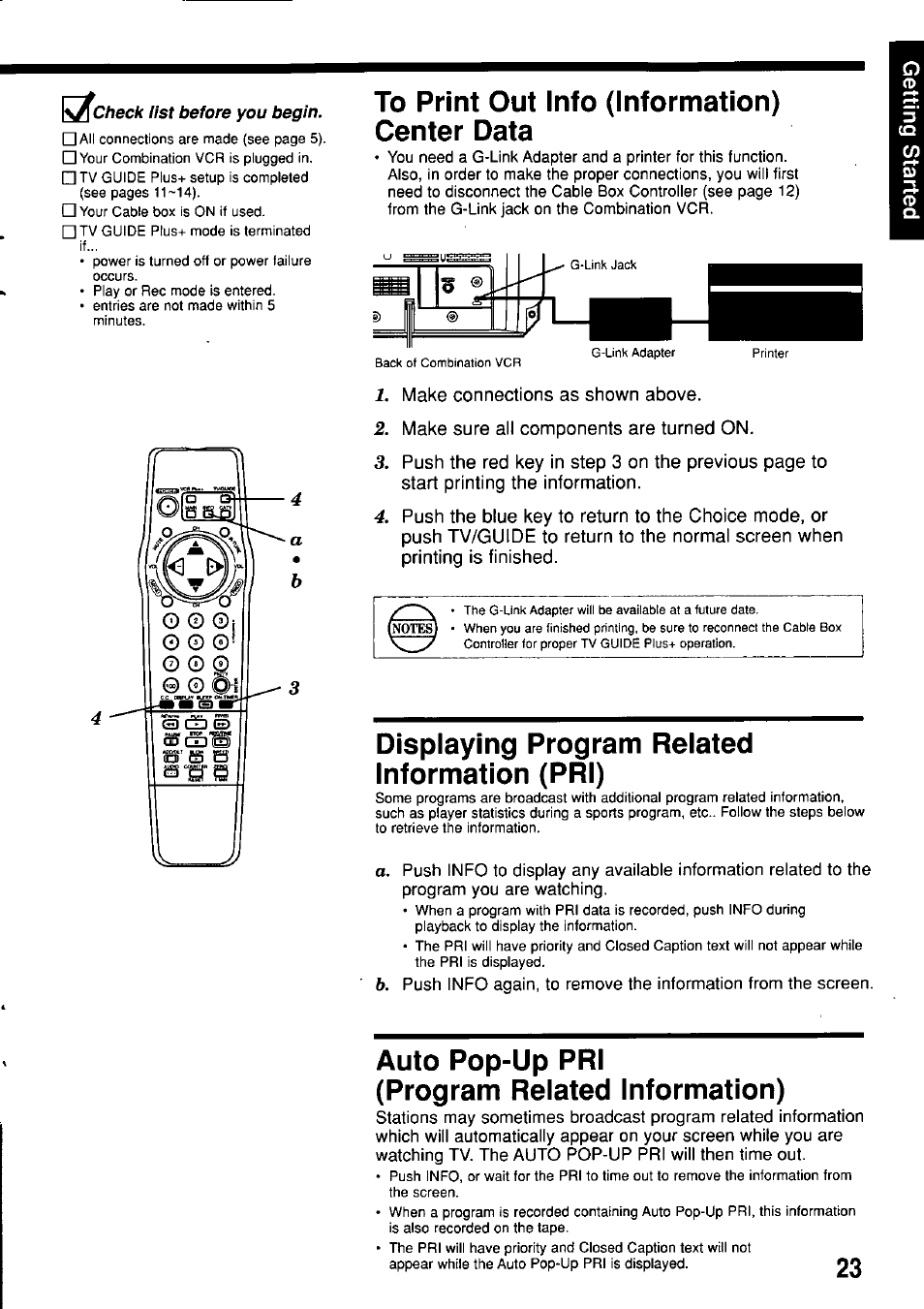 To print out info (information) center data, Displaying program related information (pri), Auto pop-up pri (program related information) | Panasonic OMNIVISION PV-M2057 User Manual | Page 23 / 48