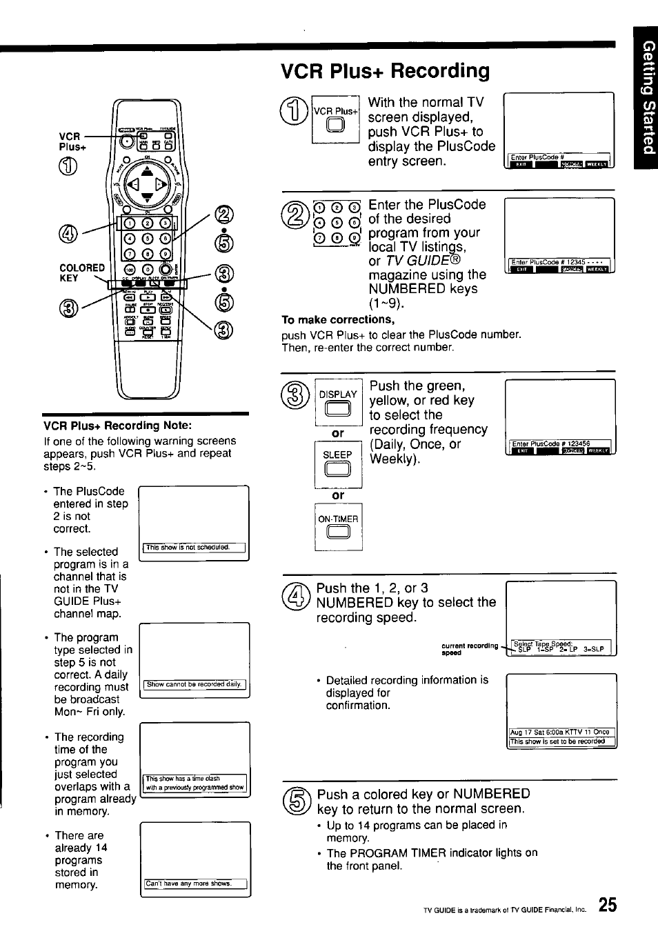 Vcr plus+ recording note, Vcr plus+ recording, Jy guide | Panasonic OMNIVISION PV-M2057 User Manual | Page 25 / 48