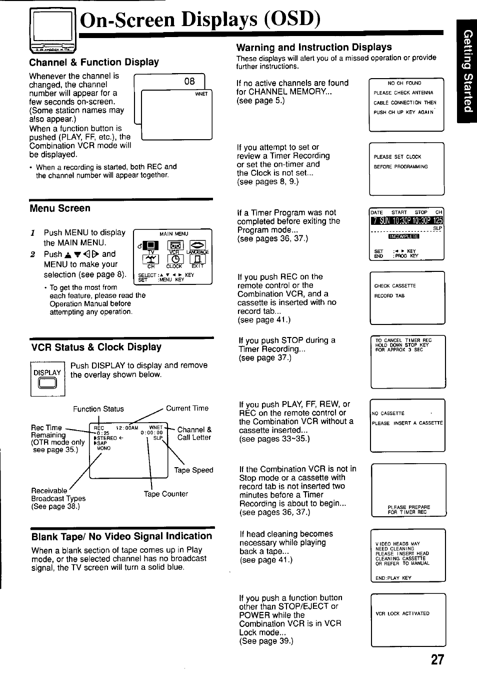 On-screen displays (osd), Channel & function display, Menu screen | Warning and instruction displays, Blank tape/ no video signal indication, Vcr status & clock display | Panasonic OMNIVISION PV-M2057 User Manual | Page 27 / 48