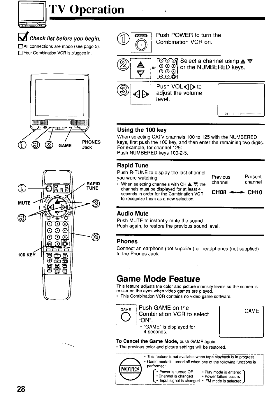 Tv operation, Check list before you begin, Using the 100 key | Rapid tune, Ch08, Ch10, Audio mute, Phones, Game mode feature | Panasonic OMNIVISION PV-M2057 User Manual | Page 28 / 48