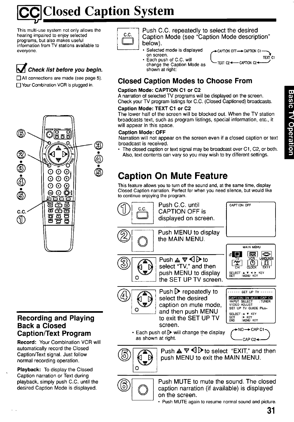 Ccl closed caption system, Kx check list before you begin, Closed caption modes to choose from | Caption on mute feature, Closed caption system, Check list before you begin | Panasonic OMNIVISION PV-M2057 User Manual | Page 31 / 48