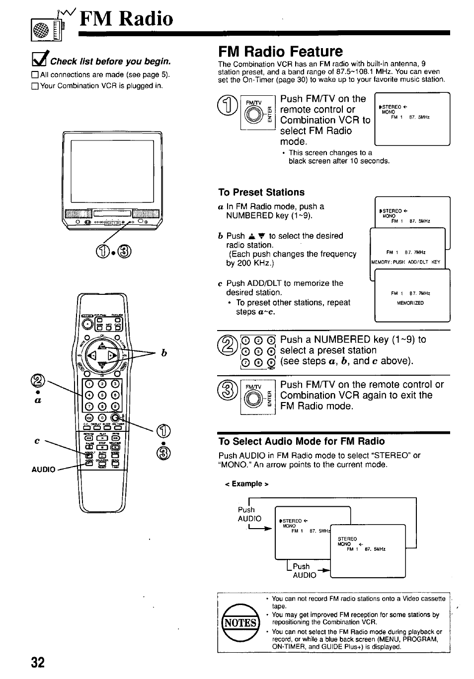 Fm radio, Kx check list before you begin, Fm radio feature | To preset stations, To select audio mode for fm radio | Panasonic OMNIVISION PV-M2057 User Manual | Page 32 / 48