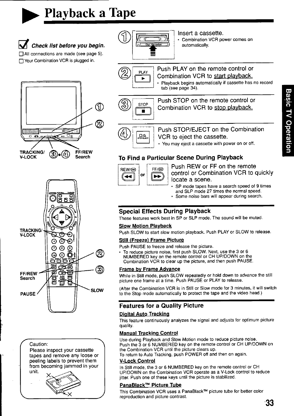 Playback a tape, Check list before you begin, To find a particular scene during playback | Special effects during playback, Slow motion playback, Still ffreeze) frame picture, Frame bv frame advance, Features for a quality picture, Digital auto tracking, Manual tracking control | Panasonic OMNIVISION PV-M2057 User Manual | Page 33 / 48