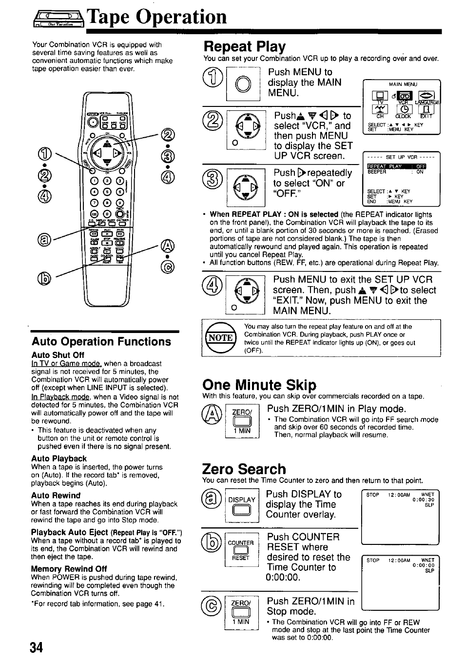 Tape operation, Auto operation functions, Auto shut off | Auto playback, Auto rewind, Memory rewind off, Repeat play, One minute skip, Zero search, Auto repeat function | Panasonic OMNIVISION PV-M2057 User Manual | Page 34 / 48