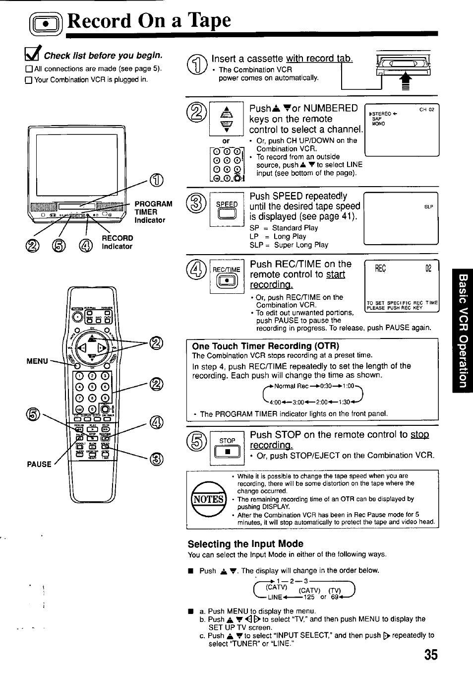 Record on a tape, Check list before you begin, One touch timer recording (otr) | Selecting the input mode, One touch recording (otr) | Panasonic OMNIVISION PV-M2057 User Manual | Page 35 / 48