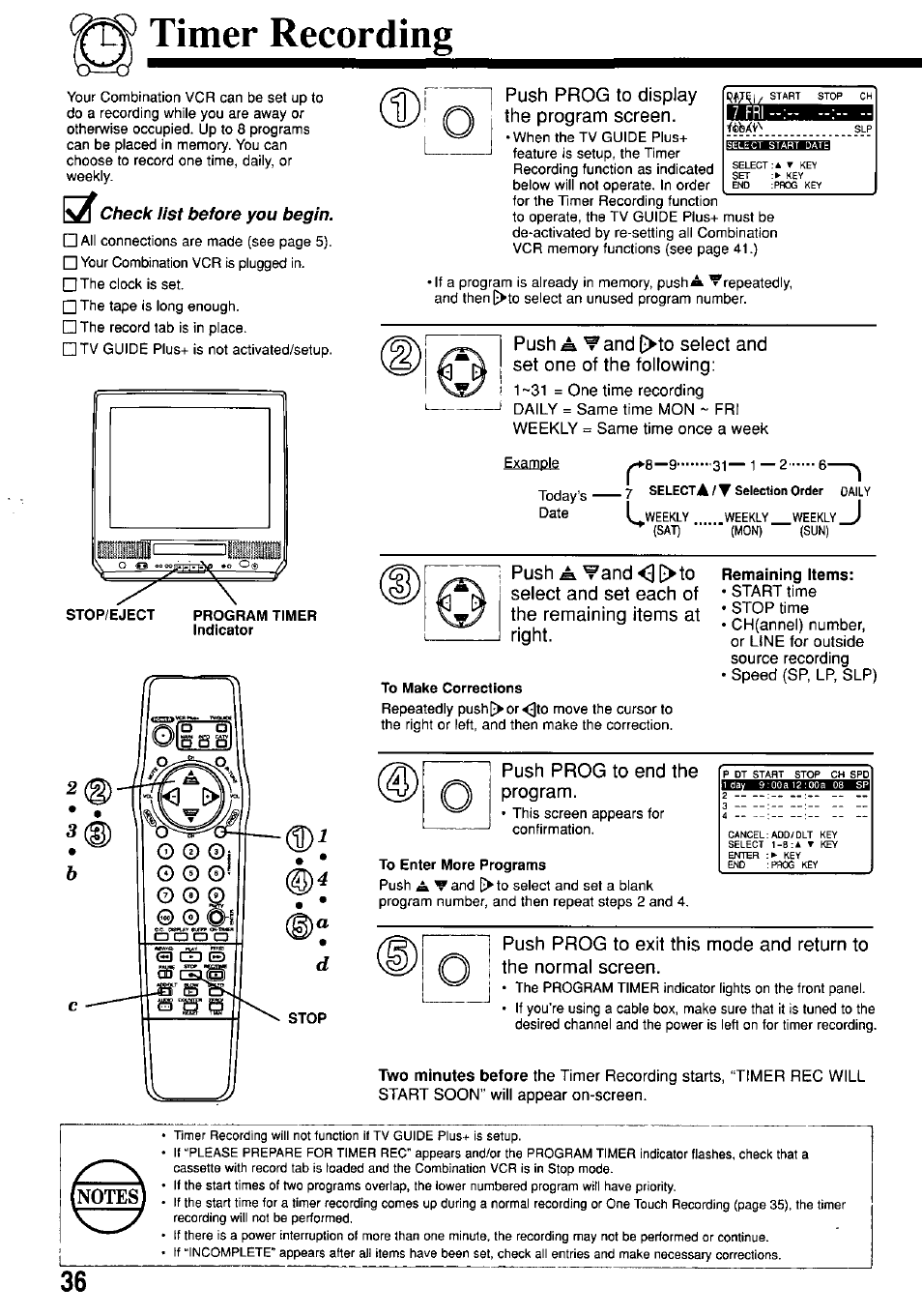 Timer recording, Check list before you begin, Remaining items | Panasonic OMNIVISION PV-M2057 User Manual | Page 36 / 48
