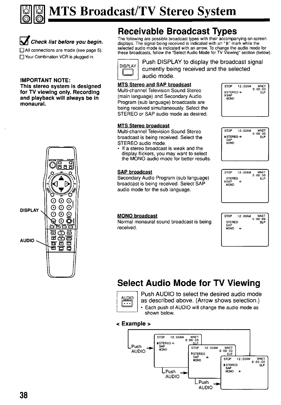 1 mts broadcast/tv stereo system, A check list before you begin, Receivable broadcast types | Mts stereo and sap broadcast, Mts stereo broadcast, Sap broadcast, Mono broadcast, Select audio mode for tv viewing, Example, 1 mts broadcast/tv stereo system \\a | Panasonic OMNIVISION PV-M2057 User Manual | Page 38 / 48