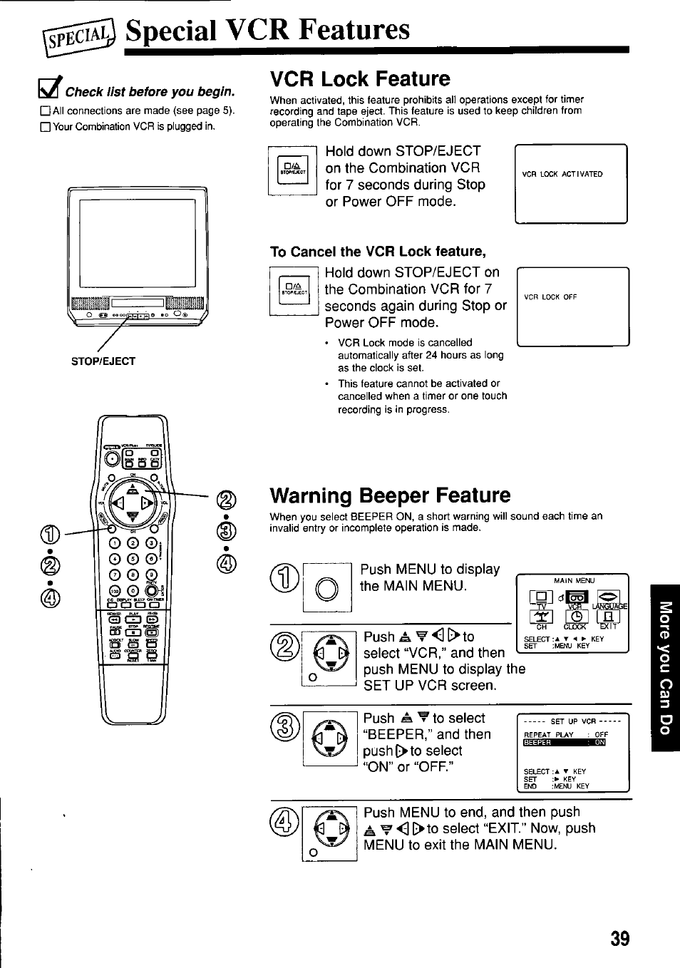 Special vcr features, Check list before you begin, Vcr lock feature | To cancel the vcr lock feature, Warning beeper feature | Panasonic OMNIVISION PV-M2057 User Manual | Page 39 / 48