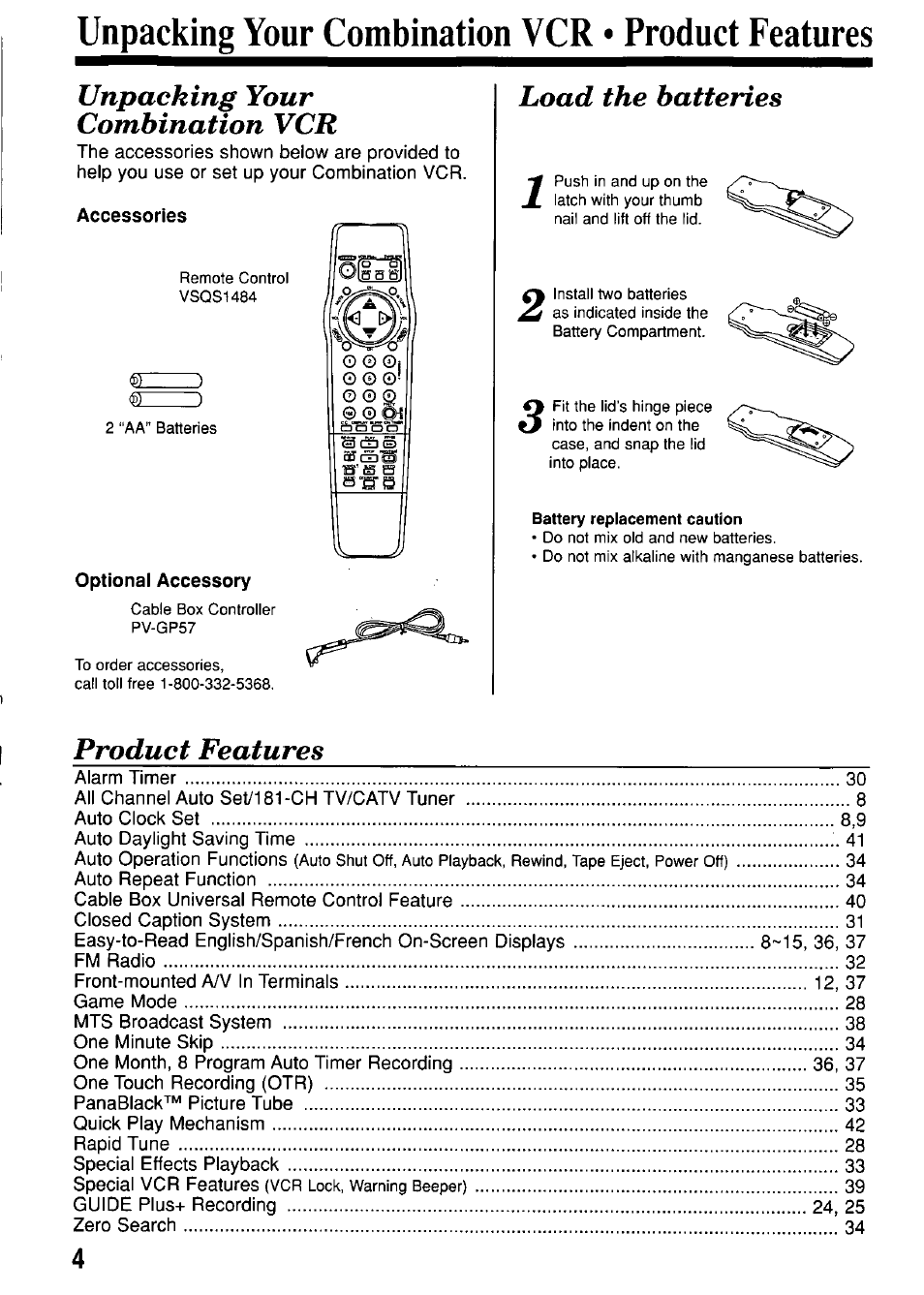 Unpacking your combination vcr • product features, Accessories, Optional accessory | Unpacking your combination vcr, Product features, Lioad the batteries | Panasonic OMNIVISION PV-M2057 User Manual | Page 4 / 48