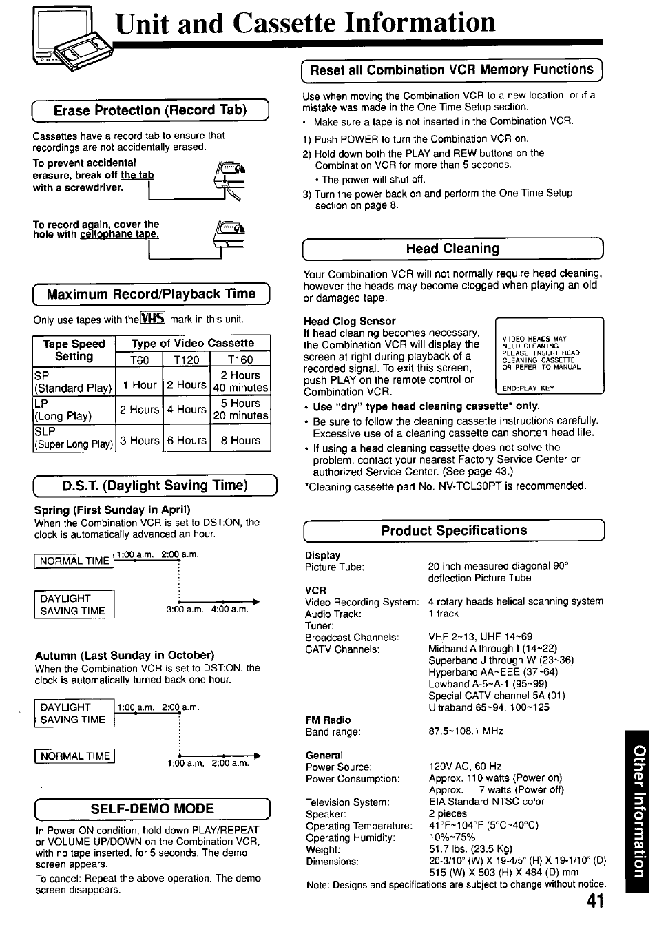 Unit and cassette information, Erase protection (record tab), Maximum record/playback time | D.s.t. (daylight saving time), Spring (first sunday in april), Autumn (last sunday in october), Self-demo mode, Reset all combination vcr memory functions, Head cleaning, Head clog sensor | Panasonic OMNIVISION PV-M2057 User Manual | Page 41 / 48