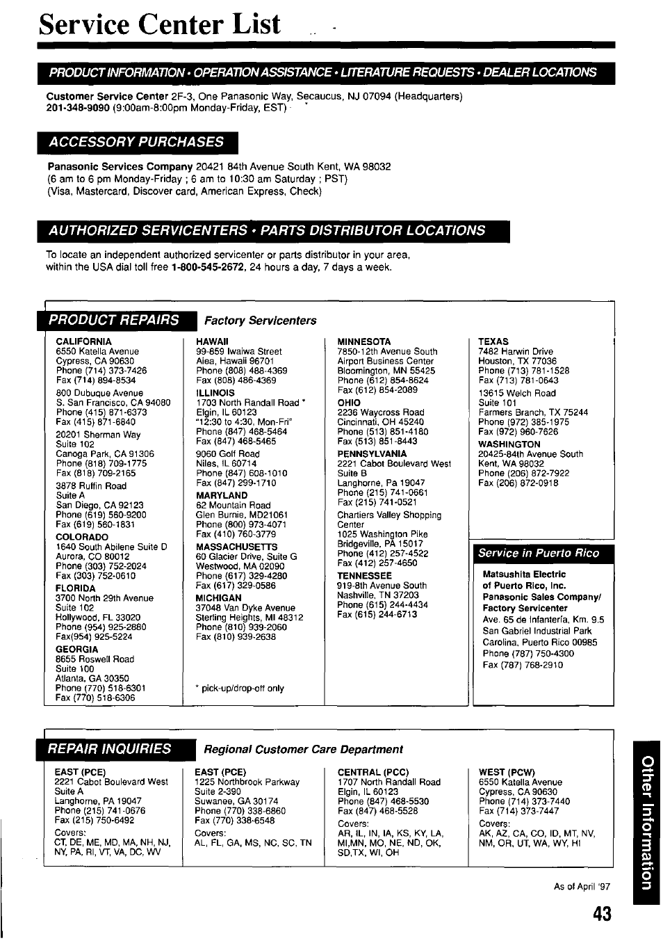 Service center list, Accessory purchases, Product repairs | Warranty/service center list, Authorized servicenters, Parts distributor locations, Repair inquiries | Panasonic OMNIVISION PV-M2057 User Manual | Page 43 / 48