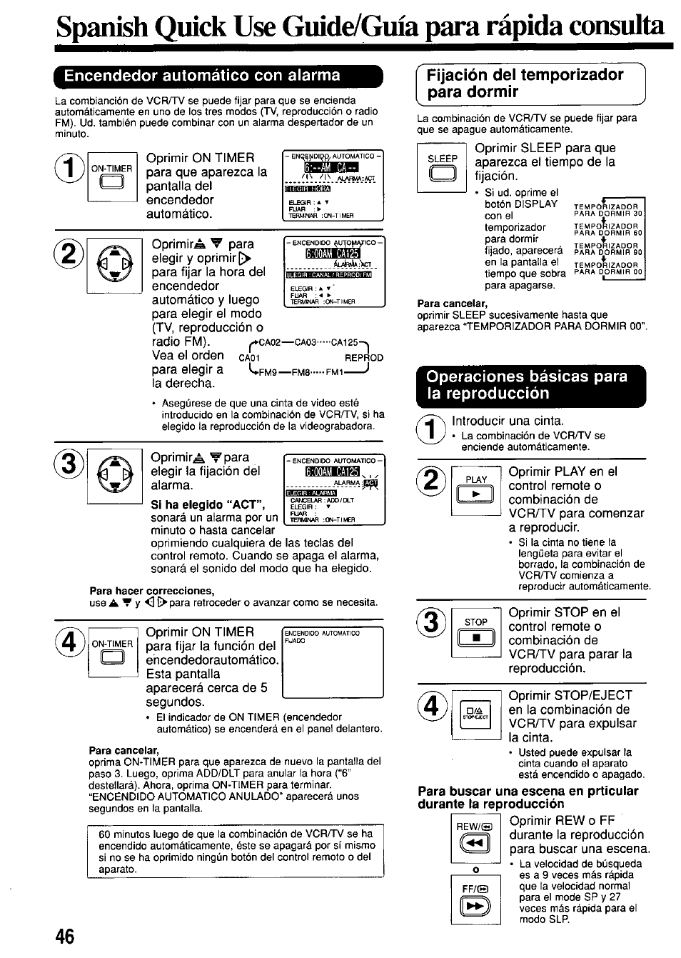 Spanish quick use guide/guia para rápida consulta, Encendedor automático con alarma, Operaciones básicas para la reproducción | Fijación del temporizador para dormir | Panasonic OMNIVISION PV-M2057 User Manual | Page 46 / 48
