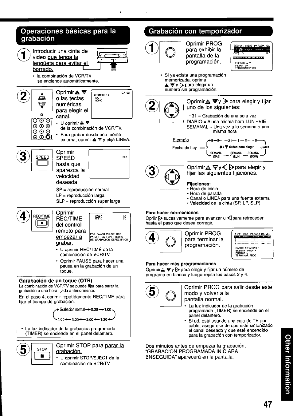 Operaciones básicas para la grabación, Garabacíón de un toque (otr), Grabación con temporizador | Panasonic OMNIVISION PV-M2057 User Manual | Page 47 / 48